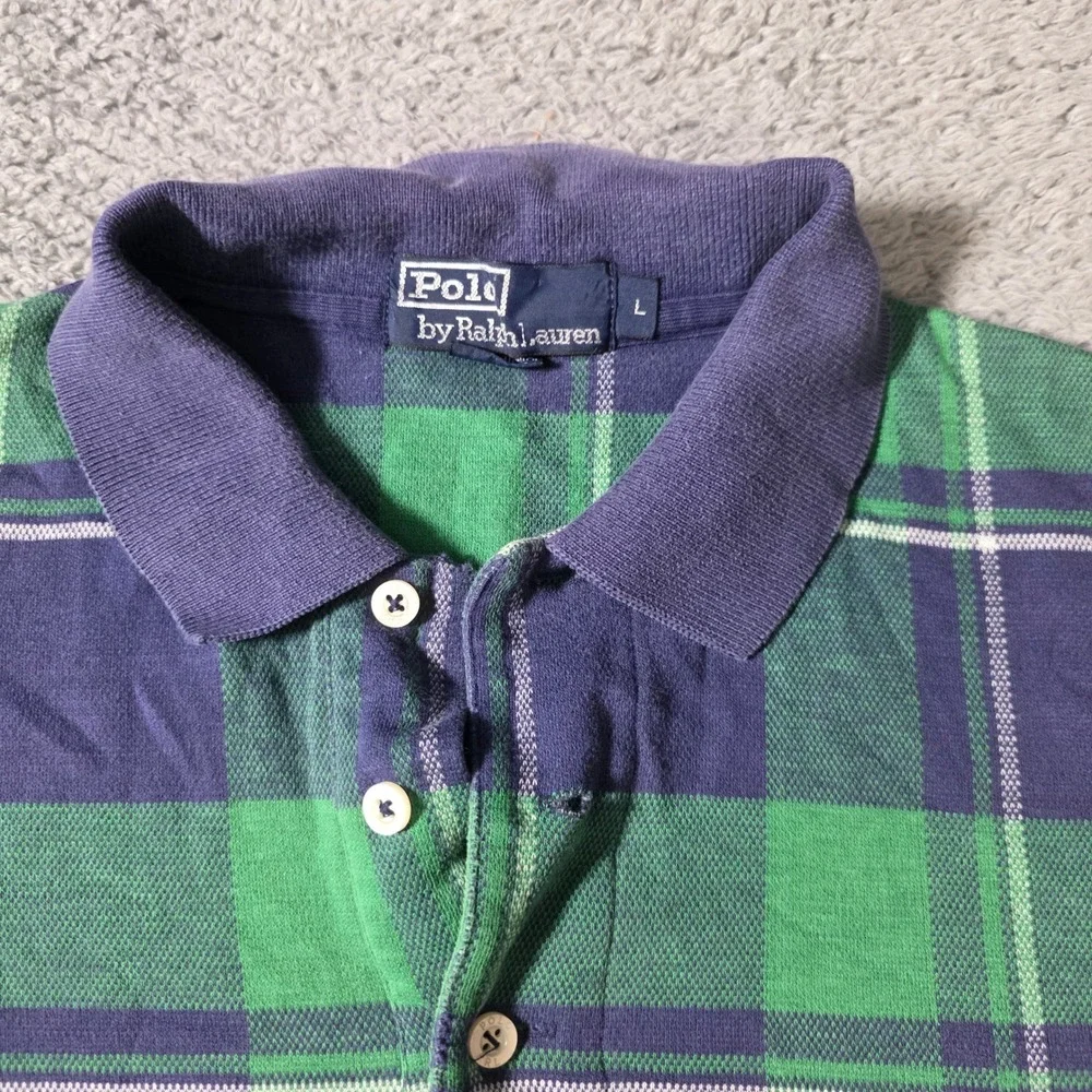 Polo Ralph Lauren Mens L Polo Shirt Green Navy Blue Plaid Short Sleeve Made USA